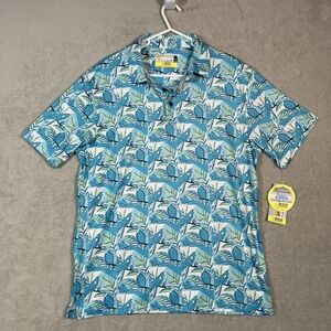 Nicklaus Polo Shirt Mens Medium Blue Tropical Bird Print Eco Choice Golf NEW